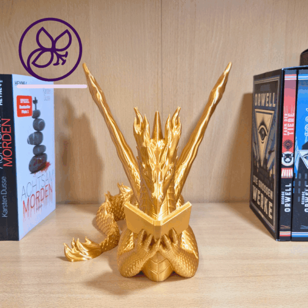 Drachen Bookend, Buchstütze Drache, Deko Drache Regal, Feuerdrache Figur, Fantasy Buchhalter, Bücherhalter Drache, Drachen Deko 3D-Druck, handbemalt Drachenfigur, Nerd Geschenkidee, Gothic Dekoration Regal, Bücherwächter, goldener Drache, Drachendeko handgefertigt, Fantasy Buchständer, Geschenk für Leseratten