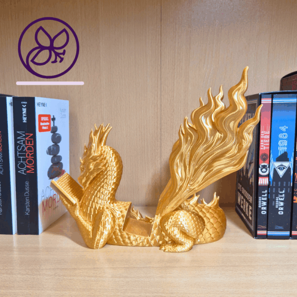 Drachen Bookend, Buchstütze Drache, Deko Drache Regal, Feuerdrache Figur, Fantasy Buchhalter, Bücherhalter Drache, Drachen Deko 3D-Druck, handbemalt Drachenfigur, Nerd Geschenkidee, Gothic Dekoration Regal, Bücherwächter, goldener Drache, Drachendeko handgefertigt, Fantasy Buchständer, Geschenk für Leseratten