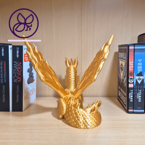 Drachen Bookend, Buchstütze Drache, Deko Drache Regal, Feuerdrache Figur, Fantasy Buchhalter, Bücherhalter Drache, Drachen Deko 3D-Druck, handbemalt Drachenfigur, Nerd Geschenkidee, Gothic Dekoration Regal, Bücherwächter, goldener Drache, Drachendeko handgefertigt, Fantasy Buchständer, Geschenk für Leseratten