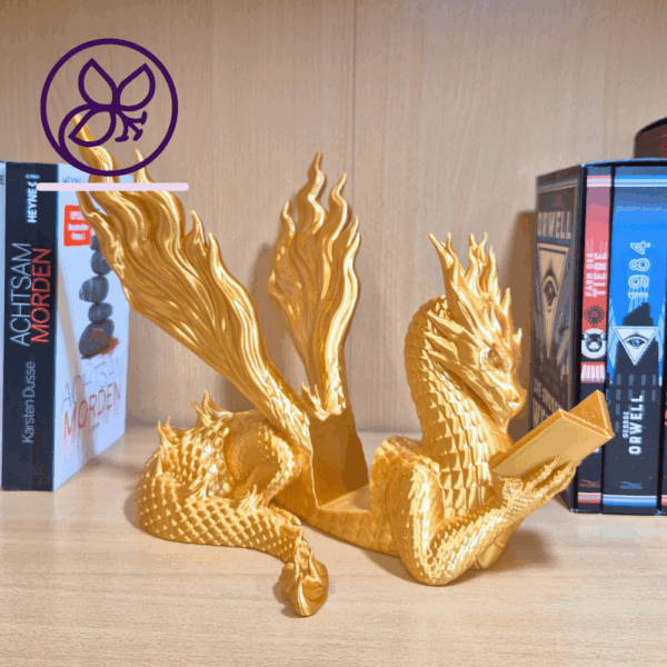 Drachen Bookend, Buchstütze Drache, Deko Drache Regal, Feuerdrache Figur, Fantasy Buchhalter, Bücherhalter Drache, Drachen Deko 3D-Druck, handbemalt Drachenfigur, Nerd Geschenkidee, Gothic Dekoration Regal, Bücherwächter, goldener Drache, Drachendeko handgefertigt, Fantasy Buchständer, Geschenk für Leseratten