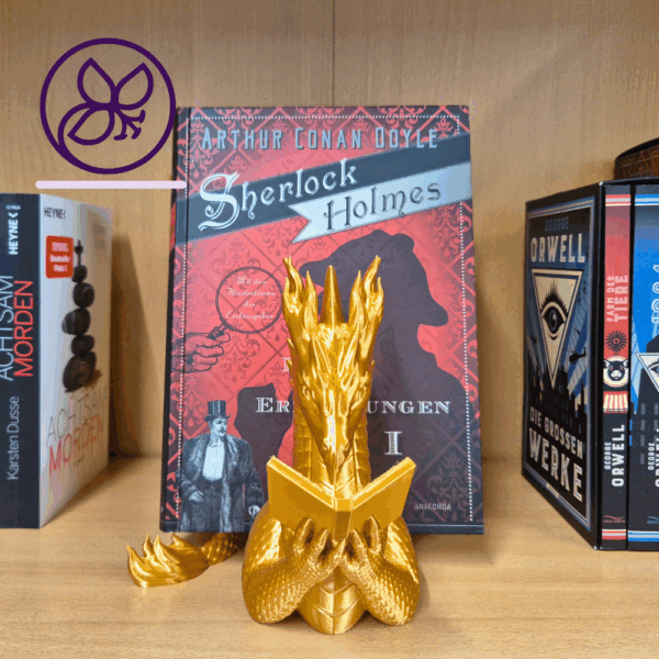 Drachen Bookend, Buchstütze Drache, Deko Drache Regal, Feuerdrache Figur, Fantasy Buchhalter, Bücherhalter Drache, Drachen Deko 3D-Druck, handbemalt Drachenfigur, Nerd Geschenkidee, Gothic Dekoration Regal, Bücherwächter, goldener Drache, Drachendeko handgefertigt, Fantasy Buchständer, Geschenk für Leseratten